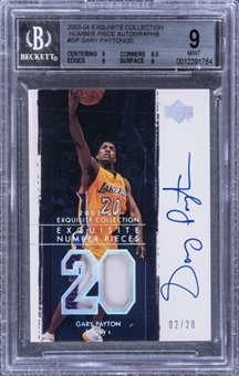 2003-04 UD "Exquisite Collection" Number Pieces Autographs #GP Gary Payton Signed Game Used Patch Card (#02/20) – BGS MINT 9/BGS 10
